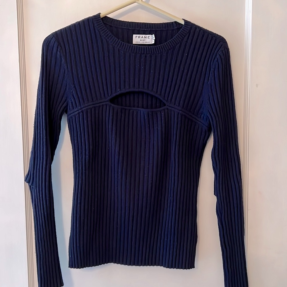 Navy Frame‎ sweater with cutouts at upper chest and elbows. Size Sm